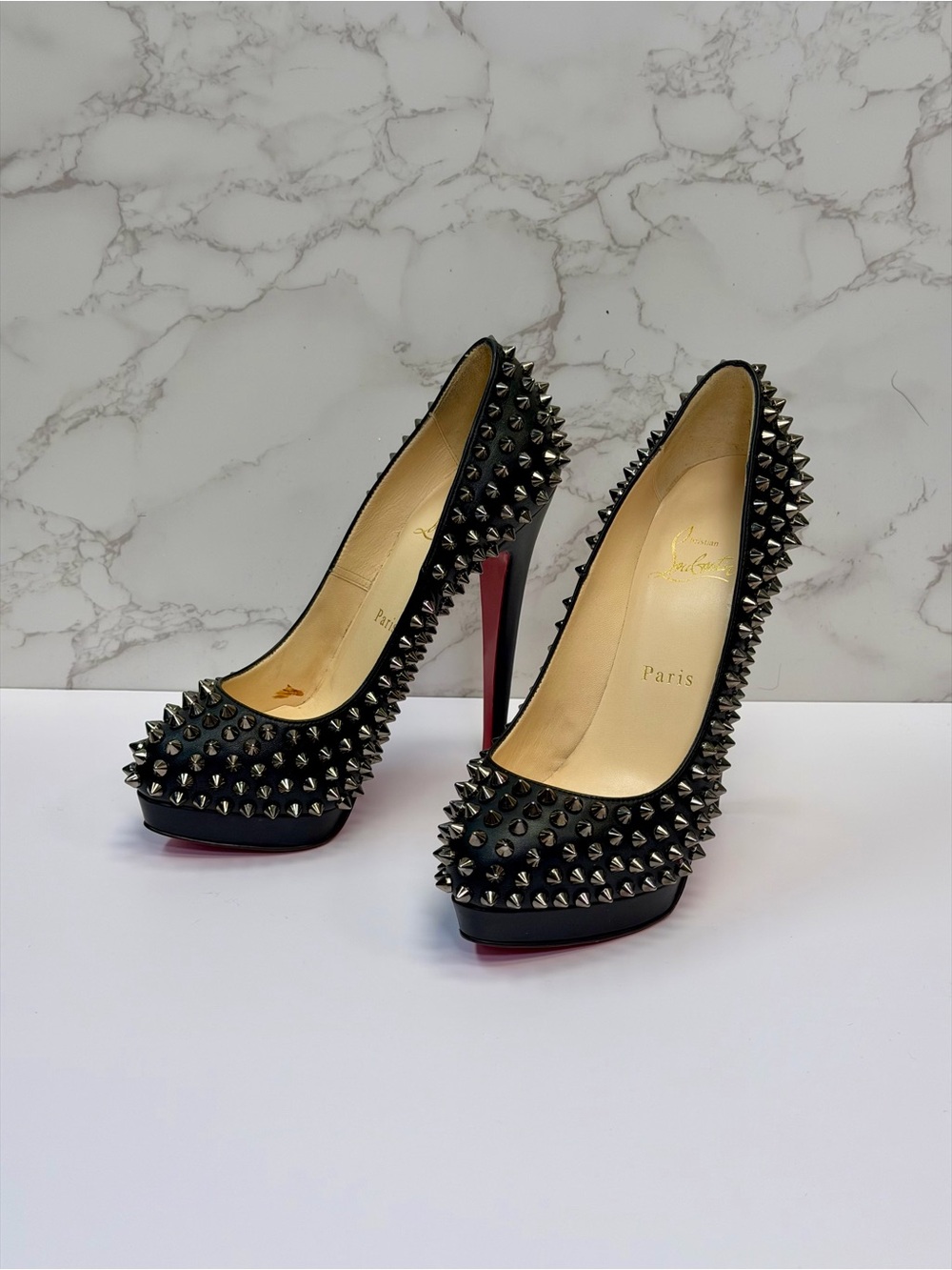 Christian Louboutin Black Leather Spike-Embellished Stiletto with Red Sole